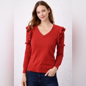 Banana Republic Red Ruffle V‑Neck Sweater XS Feminine Knit Soft Classic Top